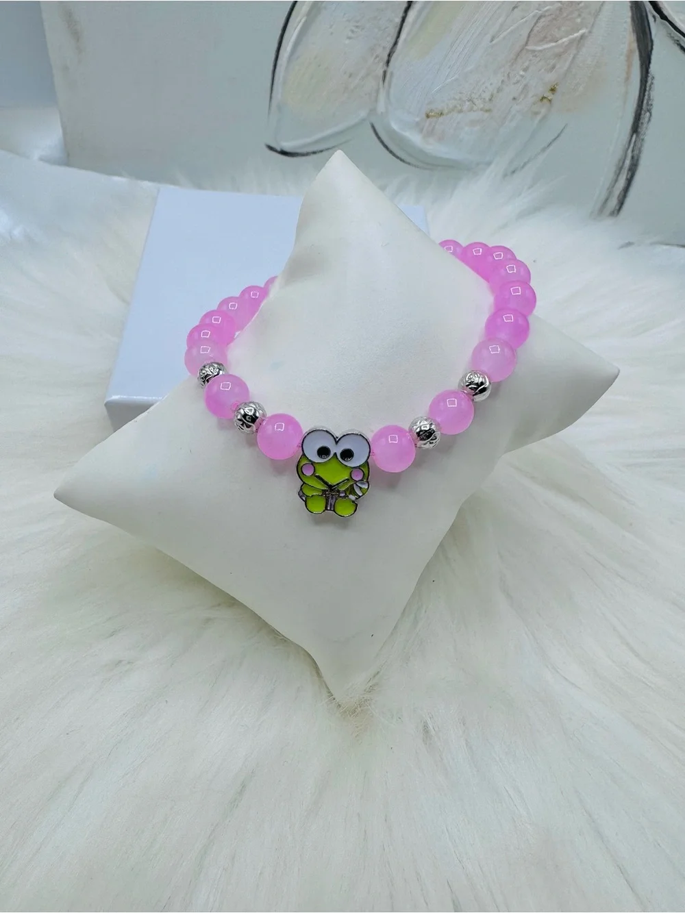 Cute Pink Adjustable Beaded Keroppi Charm Bracelet